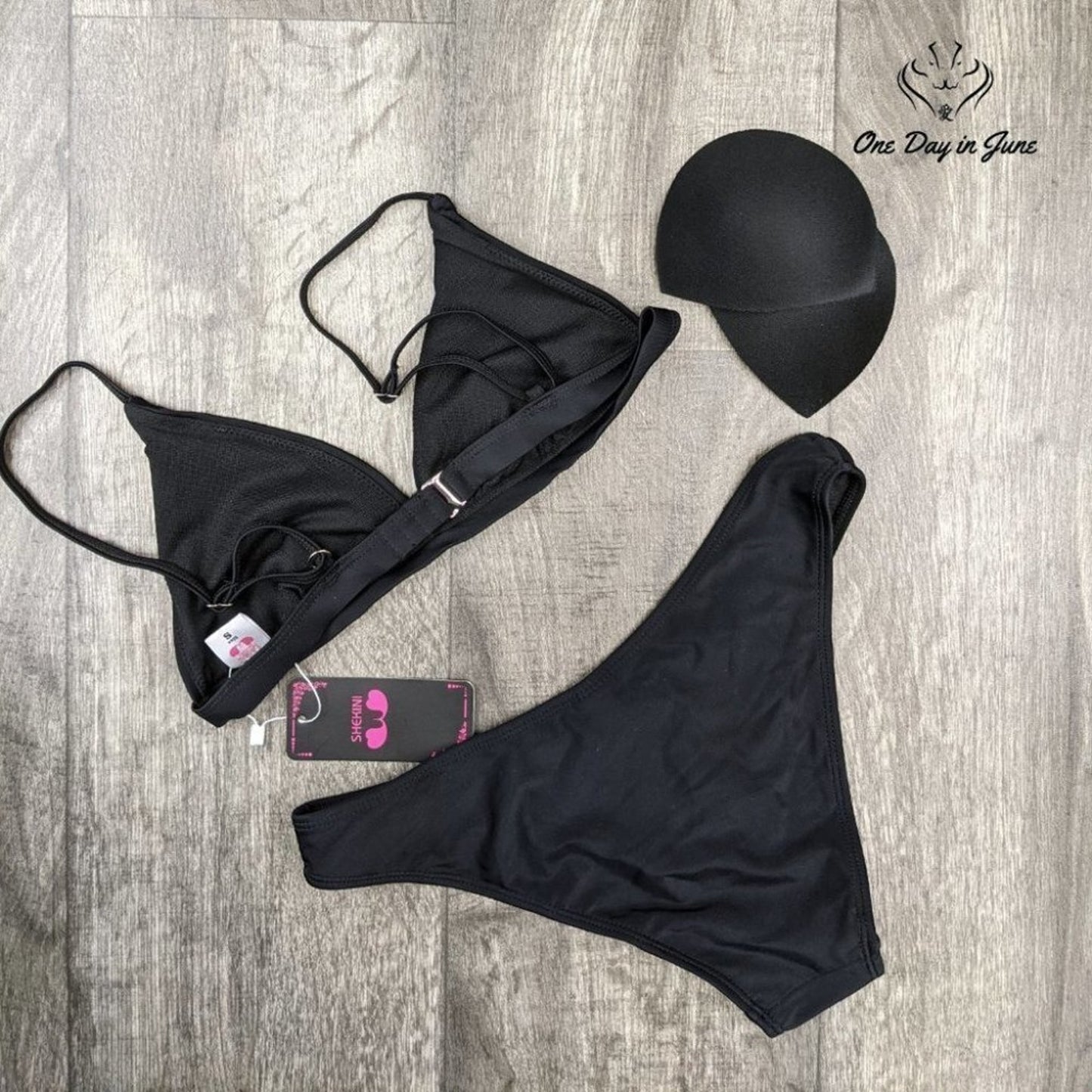 Shekini Triangle Bikini Swimsuit Black Padded Two Piece High Cut NWT Size S
