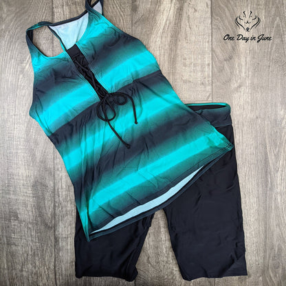 Lalagen Color Block Striped Tankini Swimsuit Boyshorts Green Black Size M
