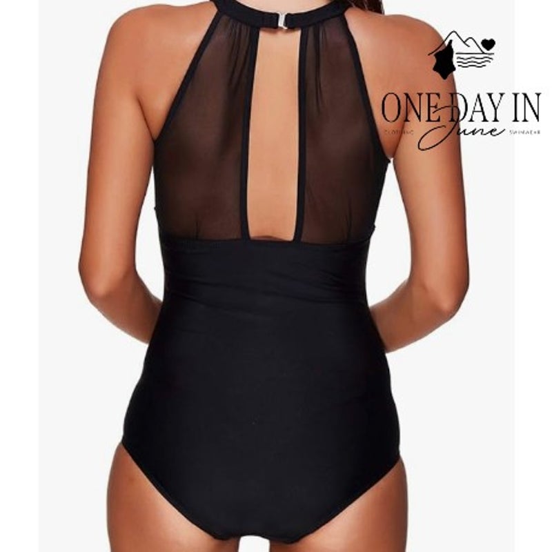 Tempt Me High Neck Mesh One Piece Swimsuit Black Ruched Tummy Control NWT Size M