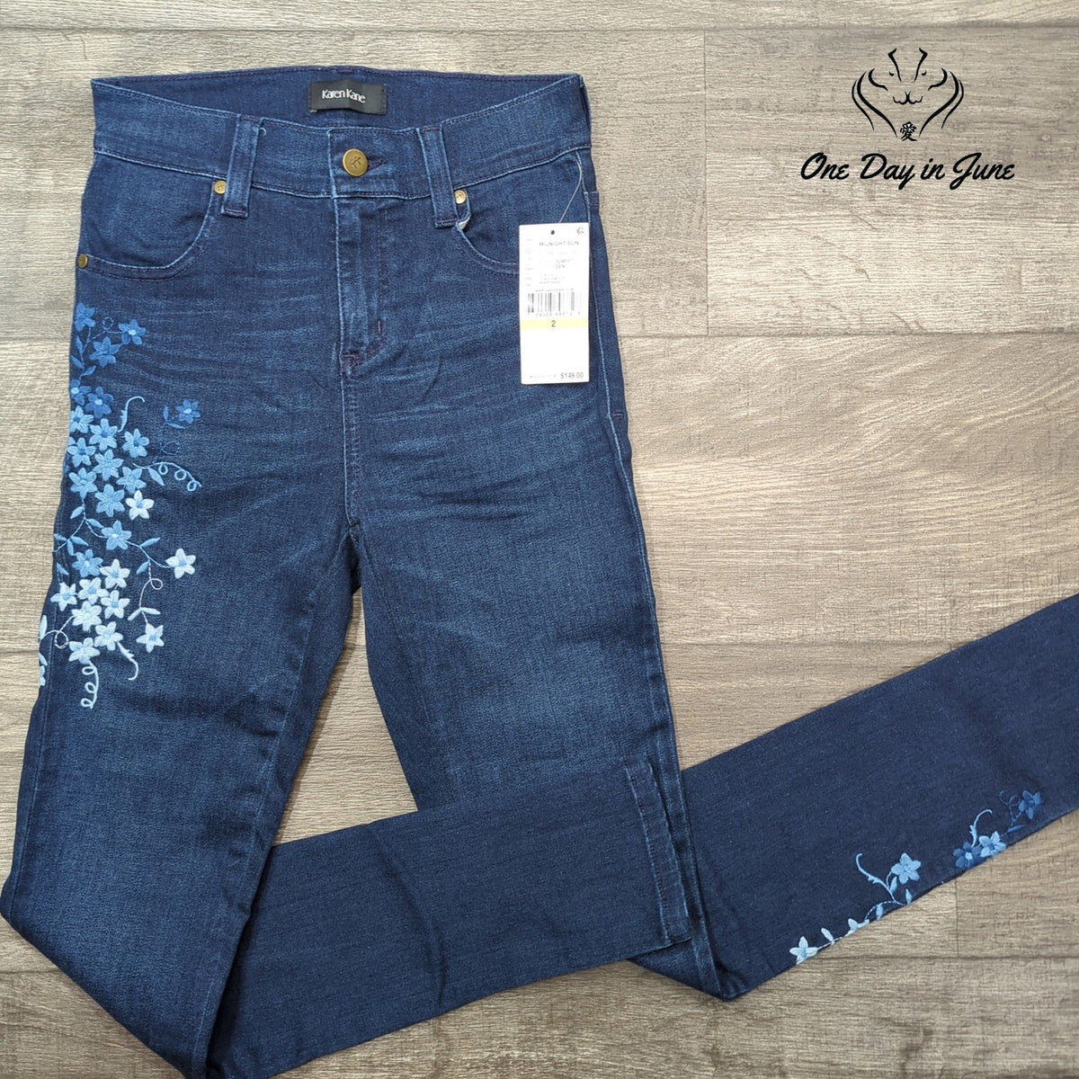 Karen Kane Midnight Sun Floral Embroidered Ankle Jeans Blue NWT Size 2