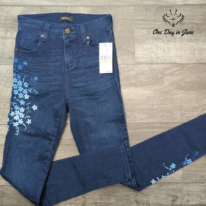 Karen Kane Midnight Sun Floral Embroidered Ankle Jeans Blue NWT Size 2
