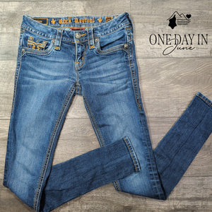 Rock Revival Calli Skinny Jeans Medium Wash Fleur de Lis Embellished Size 0 (25)
