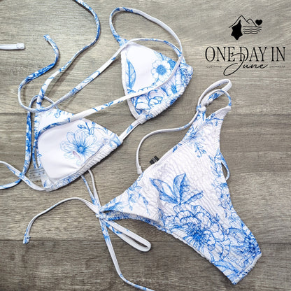 Volafa Smocked Triangle Tie Side Cheeky Bikini Swimsuit Blue Floral Size S