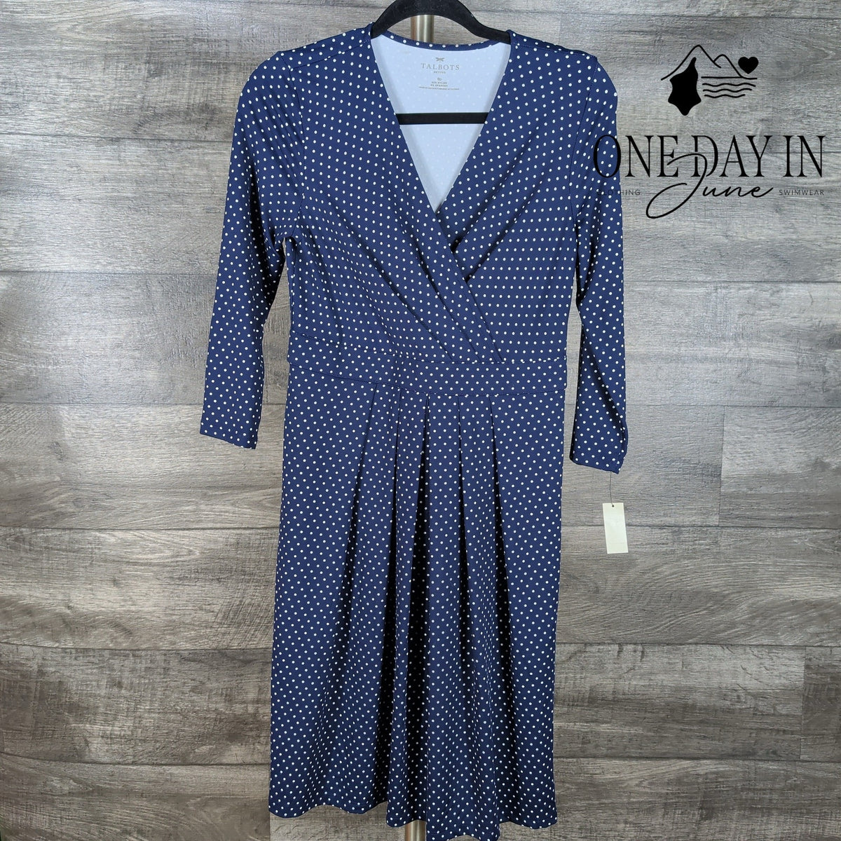 Talbots Petite Polka Dot Faux Wrap Midi Dress Navy White NWT Size 8P