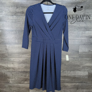 Talbots Petite Polka Dot Faux Wrap Midi Dress Navy White NWT Size 8P