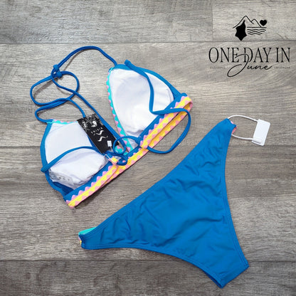 Bikinx Tie Back Triangle Bikini Swimsuit Blue Colorful Trim NWT Size S