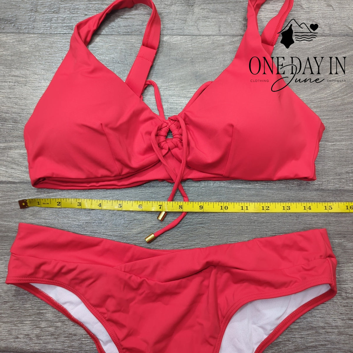 CharmLeaks Keyhole Lace Up Bikini Swimsuit Coral Red Gold Accent Size XL