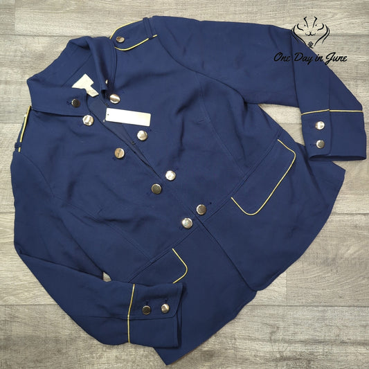 Chico's Military Jacket Navy Gold Buttons Piping Hook Eye NWT Size 2 (12)