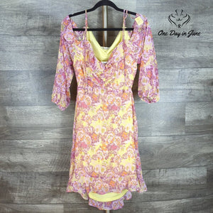 Rewind Open Back Floral Mini Dress Pink Yellow Chiffon Ruffle NWT Size XXL