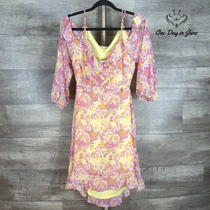 Rewind Open Back Floral Mini Dress Pink Yellow Chiffon Ruffle NWT Size XXL