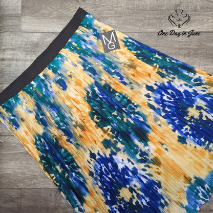mlle gabrielle Plus Size Pleated Midi Skirt Blue Yellow Abstract NWT Size 3X