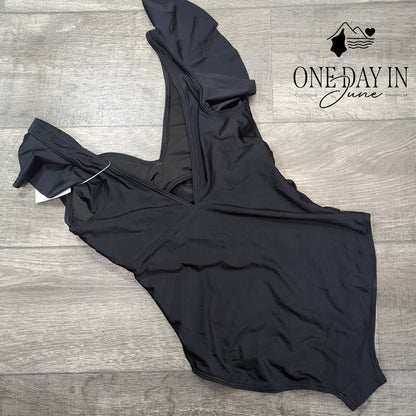 B2Prity Cross Front Cut Out Ruffle One Piece Swimsuit Black NWT Size M