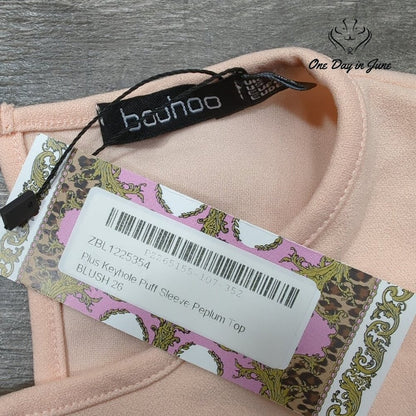 Boohoo Plus Keyhole Puff Sleeve Peplum Top Blush Pink Cutout NWT Size 22