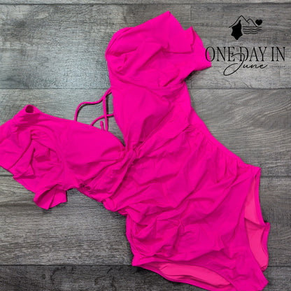 Blooming Jelly Twist Front Ruffle Lace Up Back One Piece Swimsuit Size M