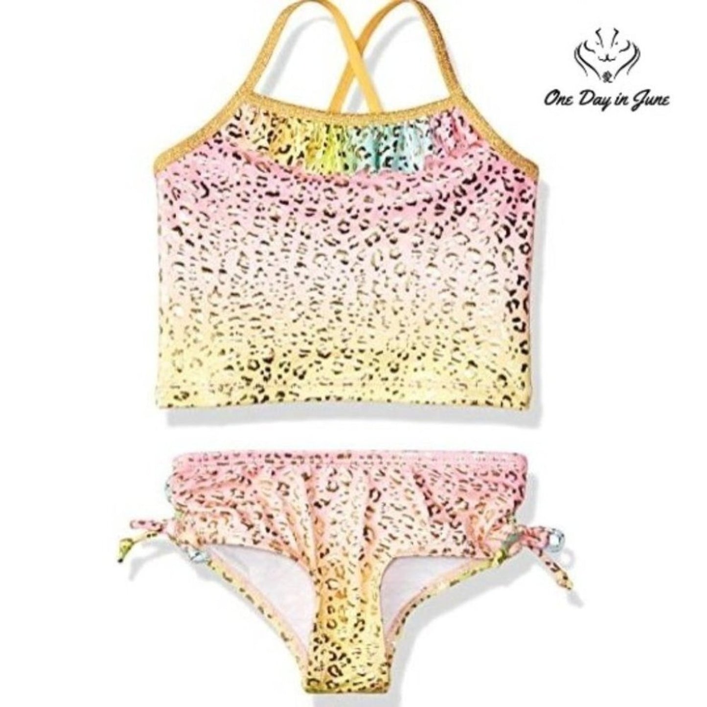 Pink Platinum Gold Foil Cheetah Print Bikini Swimsuit Size 18M