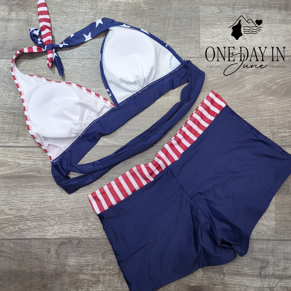 Adisputent American Flag Halter Bikini Swimsuit Boyshorts Red Blue Size L