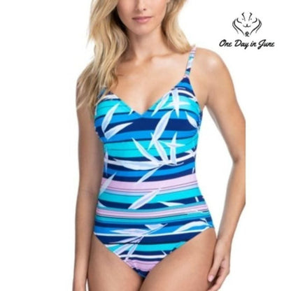 Gottex Palm Beach V Neck One Piece Swimsuit Blue Tropical NWT Size 10