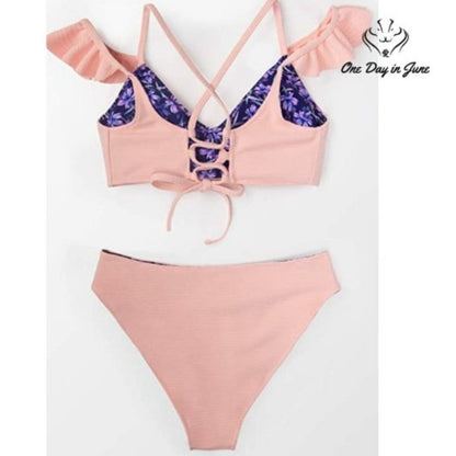 CUPSHE Pink Ruffled Crisscross V Neck Padded Bikini Size S