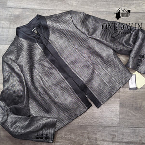 Nine West Metallic Silver Open Front Blazer Black Platinum NWT $129 Size 16