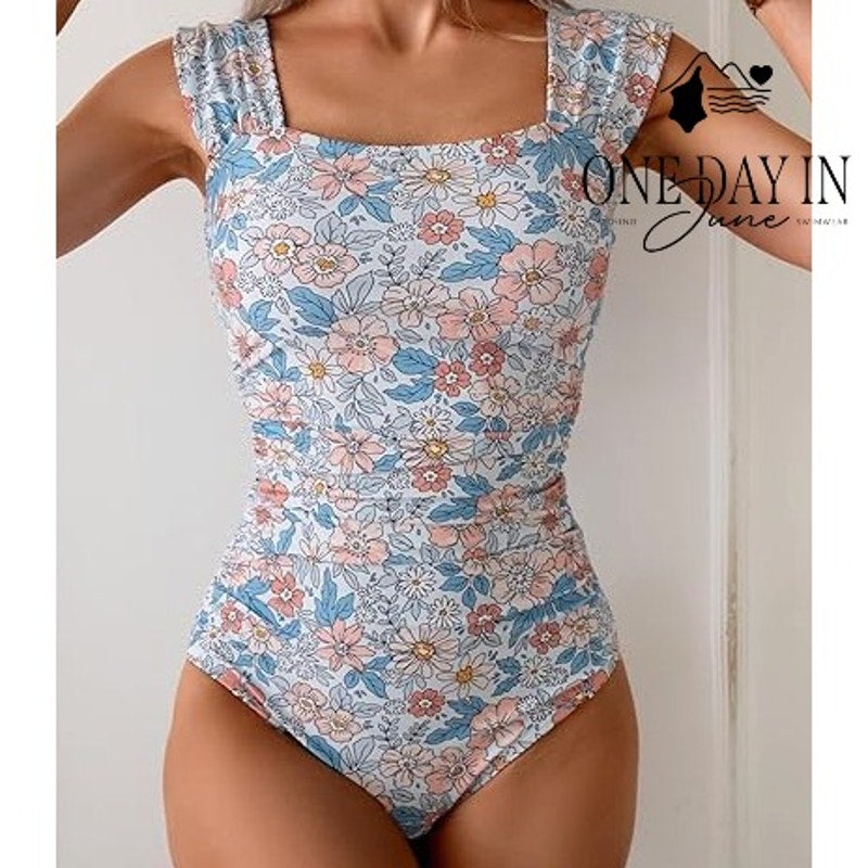 Eomenie Ruffle Shoulder Tummy Control One Piece Swimsuit Size S