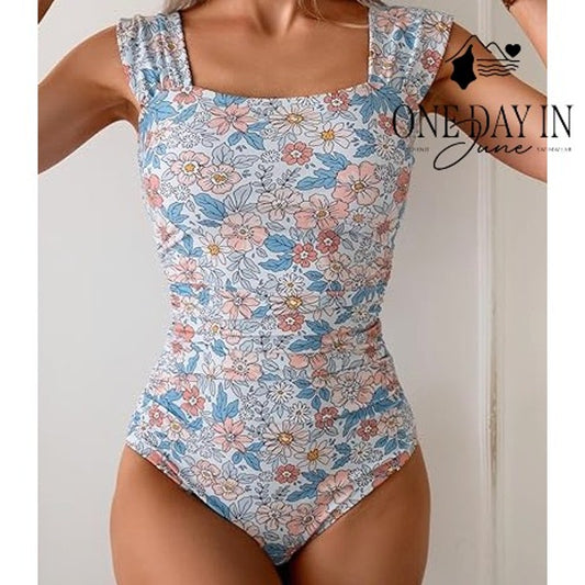 Eomenie Ruffle Shoulder Tummy Control One Piece Swimsuit Size S