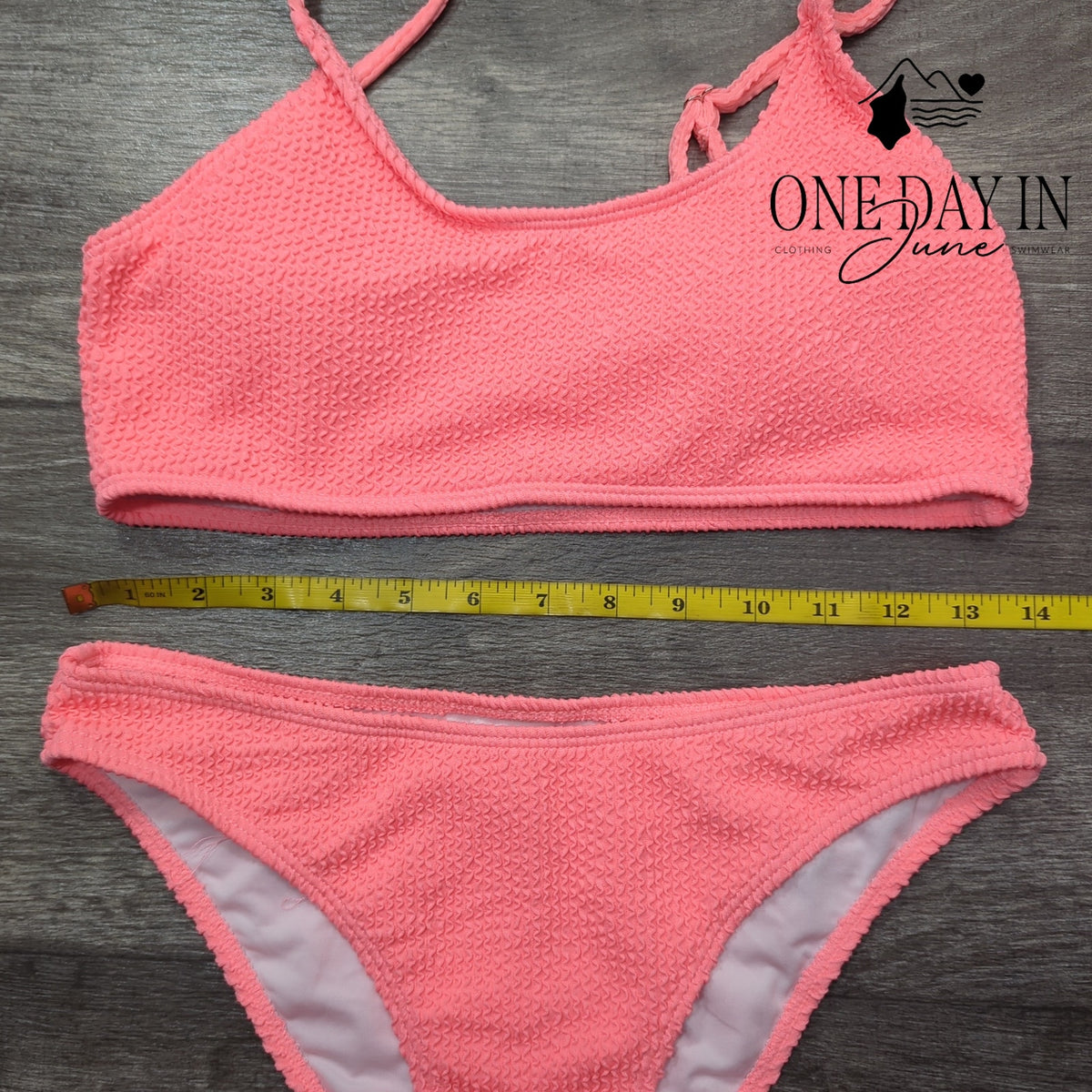 Aleumdr Smocked Textured Crop Bikini Swimsuit Neon Pink Size M