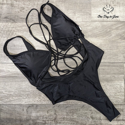 Sovoyontee Black Cutout One Piece Swimsuit Strappy Wrap Monokini Size M