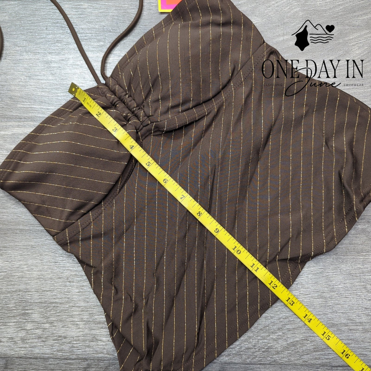 Isaac Mizrahi Halter Tankini Swim Top Brown Gold Pinstripe Padded NWT Size S