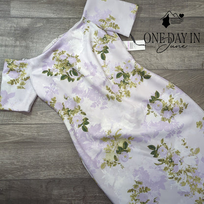 Calvin Klein Off Shoulder Floral Scuba Sheath Dress NWT $134 Lilac Size 6