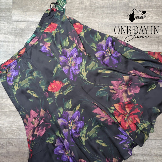 Lauren by Ralph Lauren Floral Silk Layered Midi Skirt Black NWT Size 16