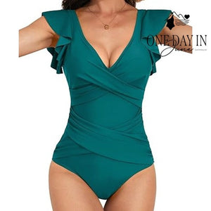 B2Prity Ruffle Cutout V Neck One Piece Swimsuit Teal NWT Size M