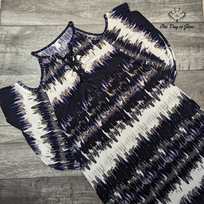 Cato Cato Cold Shoulder Lace Up Mini Dress Purple Navy Print NWT Size M