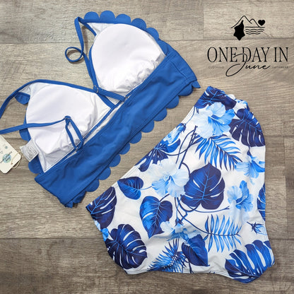PatPat PatPat Scallop Edge High Waist Bikini Swimsuit Blue Tropical NWT Size L