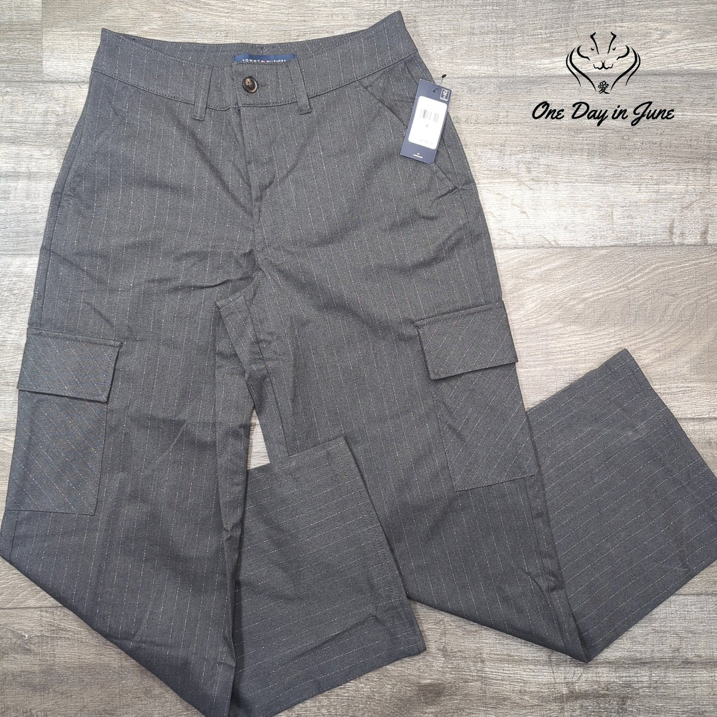 Tommy Hilfiger Metallic Pinstripe Wide Leg Cargo Pants Gray NWT Size 4