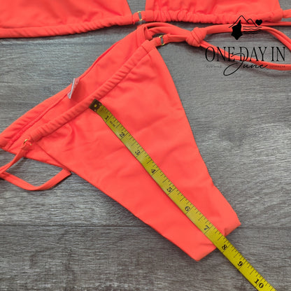 CharmLeaks Triangle Tie Side Bikini Swimsuit Neon Orange Coral Size M