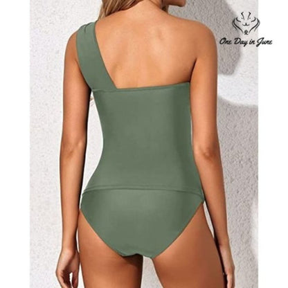 Tempt Me Ruched Tankini One Shoulder Bikini Swimsuit Size L