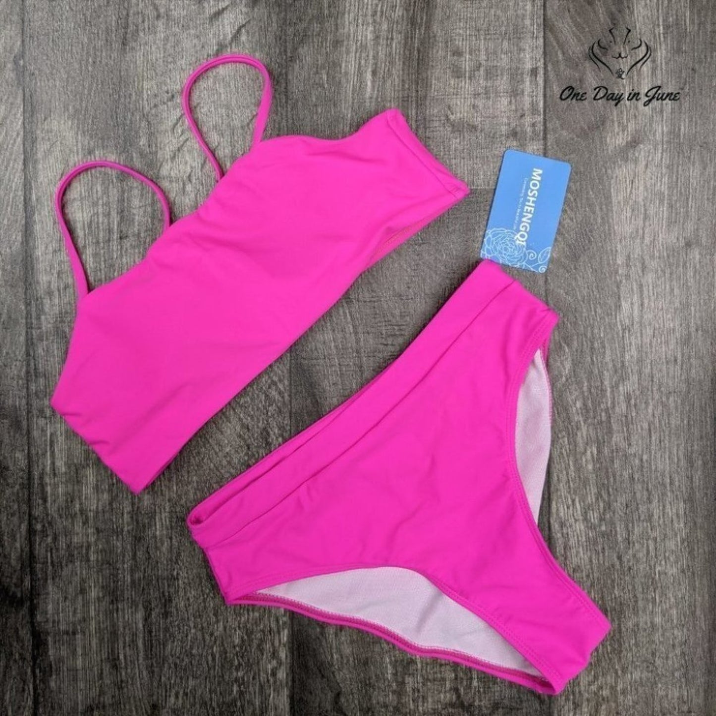 Moshengqi High Waist Bikini Hot Pink High Cut Two Piece Swimsuit NWT Size S
