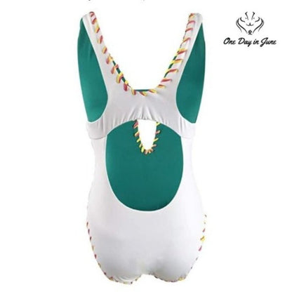 Becca Camille Reversible One Piece Swimsuit Teal White Whipstitch NWT Size S