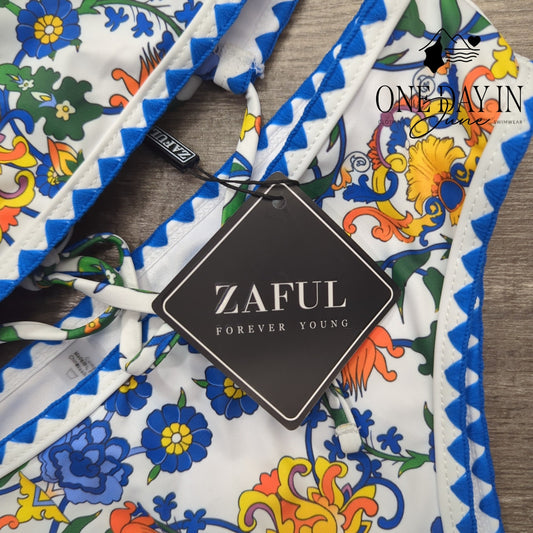 Zaful Floral Paisley Bandeau Bikini Swimsuit Blue White NWT Size S