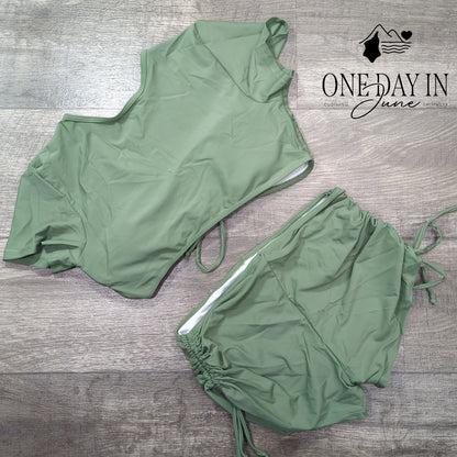 Lilosy Crop Short Sleeve Drawstring Bikini Swimsuit Size S