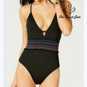 Bar III Smocking Solids Plunging V One Piece Swimsuit Black NWT Size XS