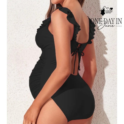 Summermae Maternity Ruffle Ribbed One Piece Swimsuit Black NWT Size L