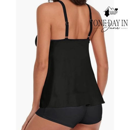 Adisputent Boyshort Tankini Swimsuit Black Scoop Neck Adjustable Strap Size M