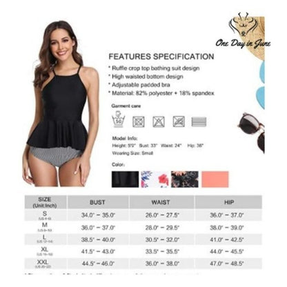 Marinavida Ruffle Peplum High Waist Bikini Swimsuit Black Stripe NWT Size S