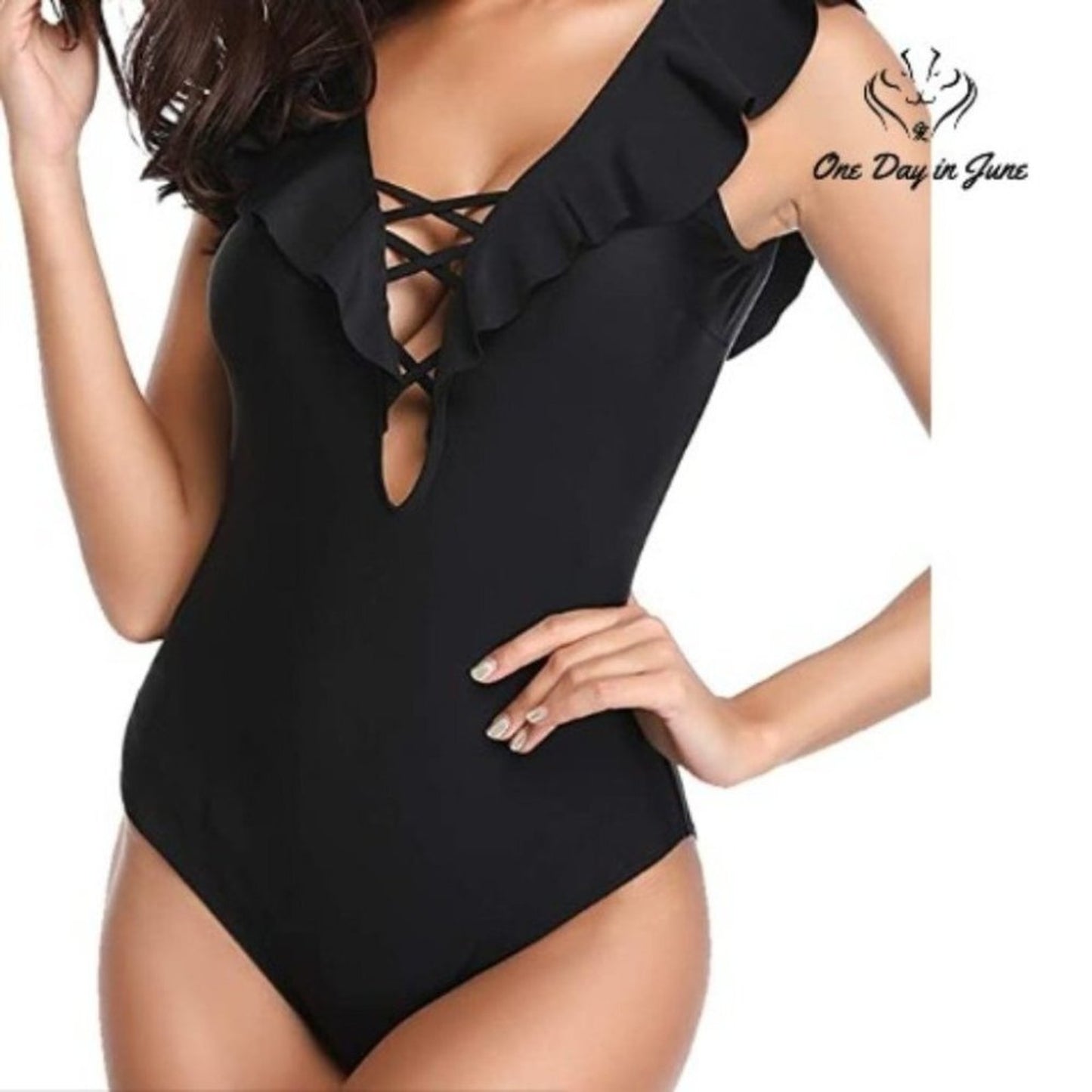 Tempt Me Ruffled Lace Up V Neck Plunge One Piece Size S
