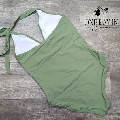 CharmLeaks Twist Front Halter One Piece Swimsuit Sage Green Size L