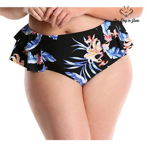 Lysa Plus Size Bikini Bottom Black Tropical Floral High Waist Ruffle Size 0X
