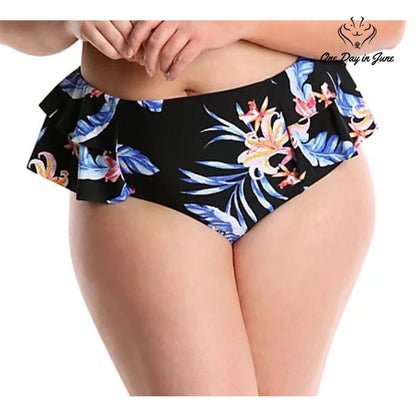 Lysa Plus Size Bikini Bottom Black Tropical Floral High Waist Ruffle Size 0X