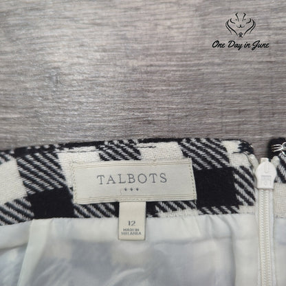 Talbots Wool Blend Buffalo Plaid A-Line Skirt Black White Size 12