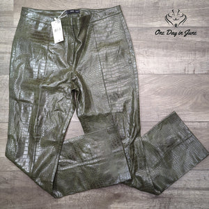MNG Mango Cassie Faux Croc Leather Straight Leg Pants Olive Green NWT Size 12